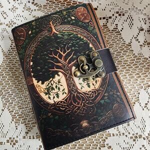 Vintage Leather Journal Notebook Tree Print Nature Metal Clasp 5 x 7 Sewed In